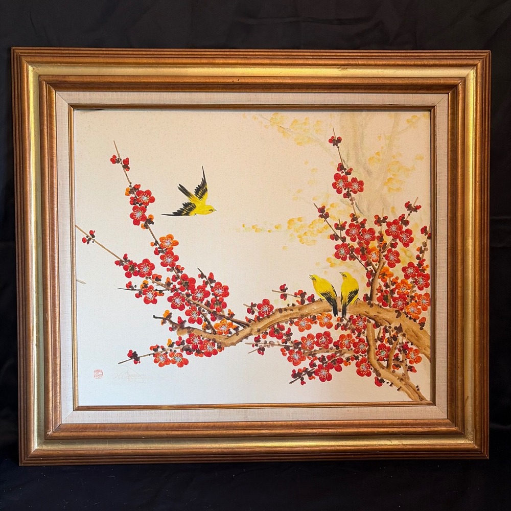 Vintage Japanese Style Bird Flower Oil Painting Red Seal Gold Frame Signed